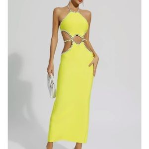 Elegant Party Yellow Cut Out Bodycon Dress maxi dress with silver rhinestones